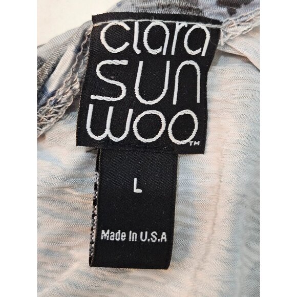 Clara Sun Woo Blue Gray Leopard Print Draped Neck, Side Ruched Knit Top Large - Picture 7 of 10